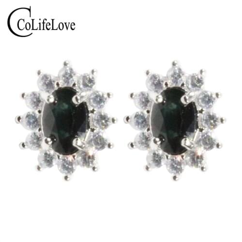 CoLife Jewelry 925 Silver Black Sapphire Stud Earrings Natural Black Sapphire Earrings Silver Sapphire Jewelry