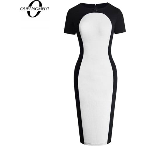 Women Summer Wear to Work O Neck Short Sleeve Contrast Color Button Lady Bodycon Office Pencil Dress EB650