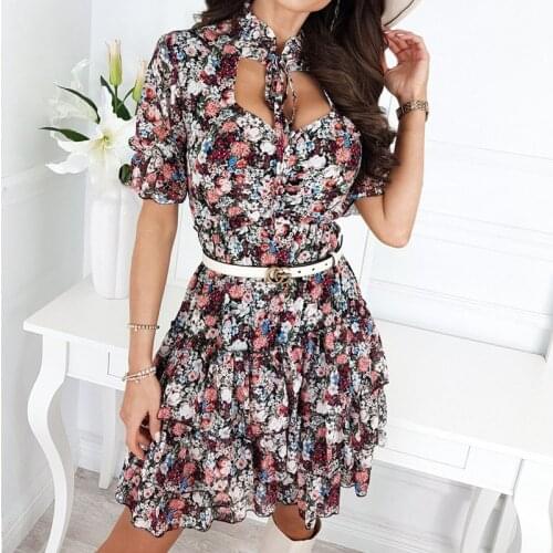 Women‘s Summer Cascading Ruffles Floral Dress Boho 2021 New Holiday Print Dress Lace-up Female Elegant A Line Party Vestidos