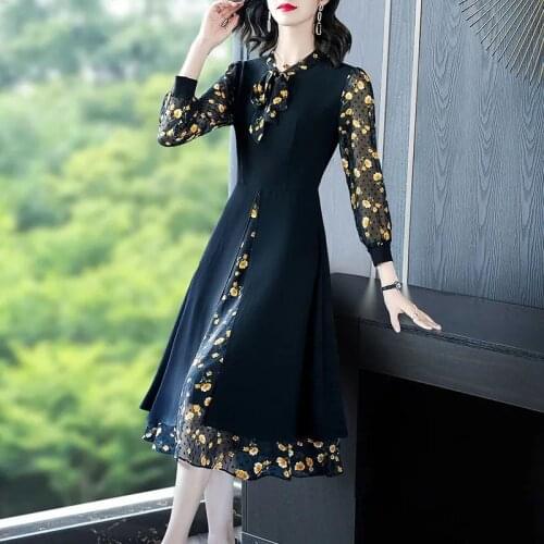 Fake Two Piece Vintage Split Floral Dress Women Big Size Spliced Print Slim Casual A-Line Dress Mom Elegant Midi Party Dresses