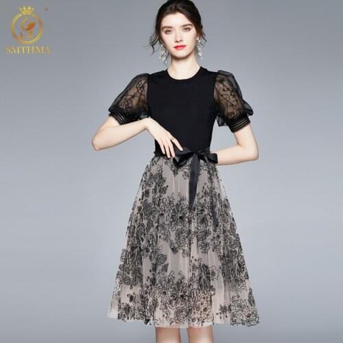 SMTHMA 2021 New O-Neck Vintage Patchwork Summer Dress Woman Belt Mesh Embroidery Flowers Elegant Dress Female Clothes