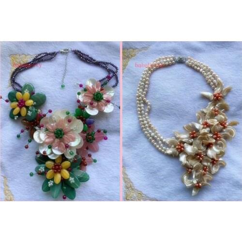 2 Styels Ladys New Design luxury natural pearl and natrual gemstones handmade woven flower pearl necklace fashionable jewelry