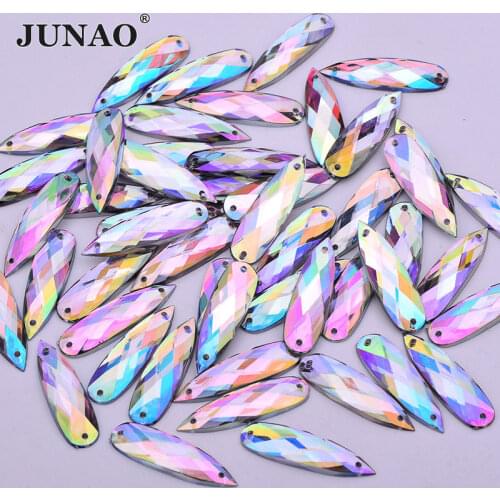JUNAO 30pcs 8x28mm Large Sewing Crystal AB Teardrop Rhinestones Flat Back Acrylic Appliques Sew On Strass Diamond for Clothees