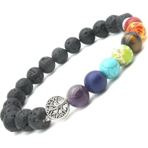 7 Chakra Tree of Life 8mm Lava Stone Aromatherapy Essential Oil Diffuser Bracelet Balance Beads Prayer and Yoga Fire Jewelry