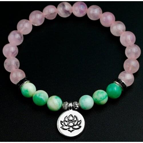 8 MM Natural Rose Quartzs Bracelet Tibetan Buddhism Chakra OM Lotus Men Green Stone Beaded Strand Bracelet DIY Handmade Jewelry