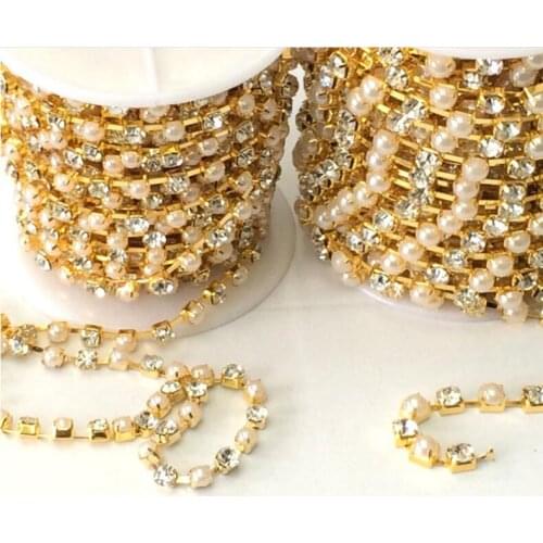 Free Shipping 10 meters 4mm(SS16) Crystal&Pearl Trim, Rhinestone Applique, Wedding Applique,Rhinestone Chain NTONG006