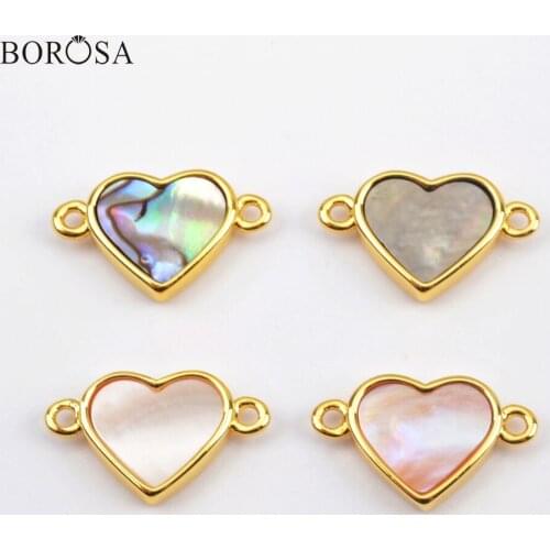 BOROSA Design 10Pcs Elegant Heart Gold Bezel Abalone Shell Natural White Shell Connector for Necklace Jewelry Making WX1174