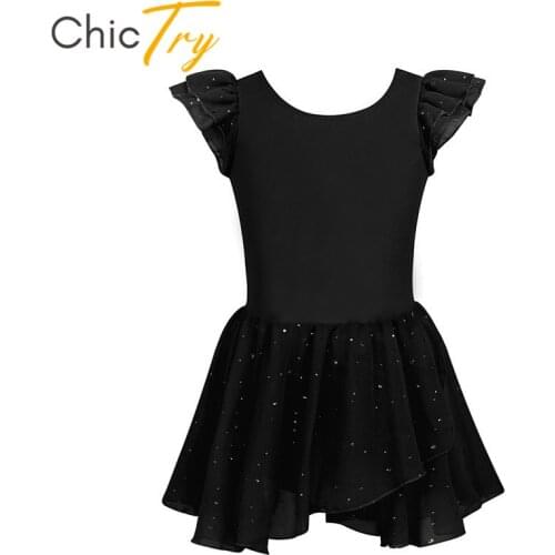 ChicTry Children Girls Glitters Ruffled Sleeves Gymnastics Ballet Leotard Kids Chiffon Ballet Tutu Skating Stage Dance Costume