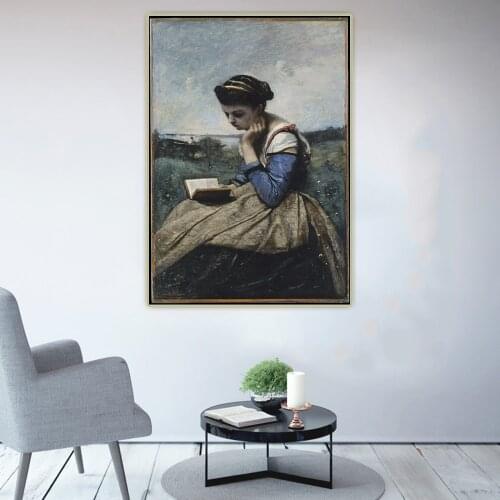 Citon Jean Baptiste Camille Corot《Woman reading》Canvas Oil painting Artwork Poster Picture Background Wall Decor Home Decoration