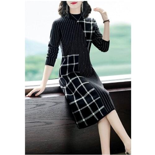 Bottom Plaid Dress Autumn Winter Long Section Simple Versatile Fashion Knitted Korean Version Of High-end Slim Stitching Skirt