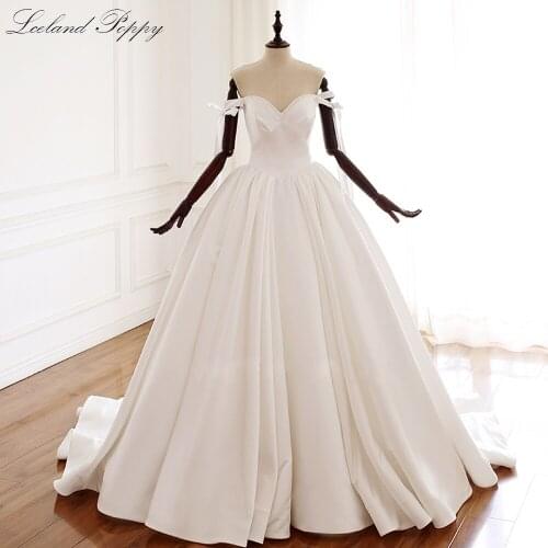 Lceland Poppy Elegant A-line Satin Wedding Dresses 2020 Off the Shoulder Beaded Lace Up Floor Length Bridal Gowns Court Train