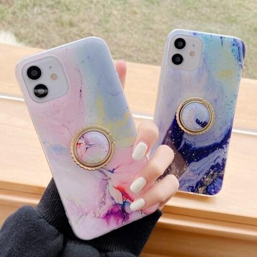 Epoxy Glitter Stars Sequins Soft TPU Case for iPhone 12 Mini 11 Pro XS Max XR 7 8 Gradient Color Finger Ring Holder Stand Cover