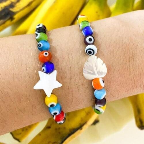 Go2Boho Turkish Evil Eye Bracelets Shell Star Charms Glass Beaded Bracelet For Women INS Fashion Multicolor Lucky Eye Jewelry
