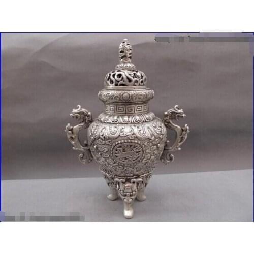 Song voge gem S0131 Chinese Buddhism White Copper Silver Dragon Elephant Ding Censer incense burner