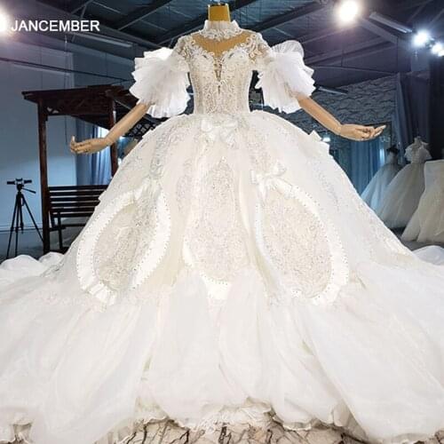 HTL2185 White Luxury High Neck Lace Wedding Dress 2021 New Bridal Gown Applique Print Women Bow Metal Sequins Customizable