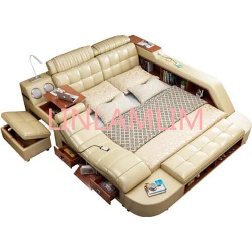 Real Genuine leather bed frame massage Soft Beds Bedroom Furniture with safe desk table speaker LED light book cabinet ottoman