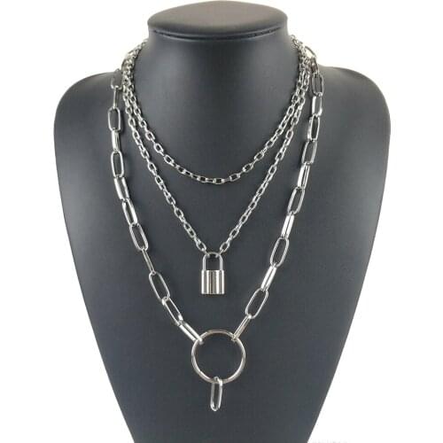 Multilayer Round Heart Lock Key Chain Necklace Punk Padlock Pendant Necklace Women Gothic Neck Party Jewelry stainless steel