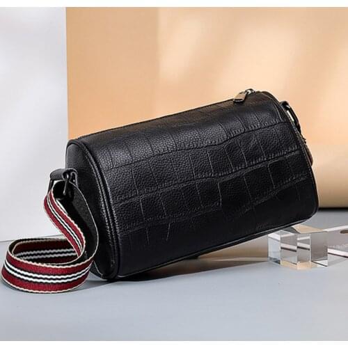 Fashion Womens Stone Pattern Genuine Leather Cylindrical Bag 2021 New Solid Color Rivet Design Shoulder Bag Travel Women Handbag