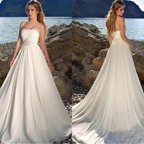 Charming Chiffon Strapless Bridal Dresses A-line Floor Length Ruched Bodice Wedding Dresses with Beadings Beach Wedding Gown