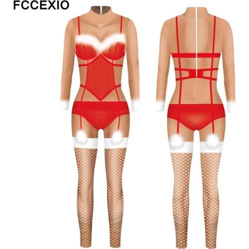 FCCEXIO Sexy Red Appeal Clothing Print Jumpsuits Womens Costume Cosplay Costumes Christmas Carnival Tight Cosplay Costume