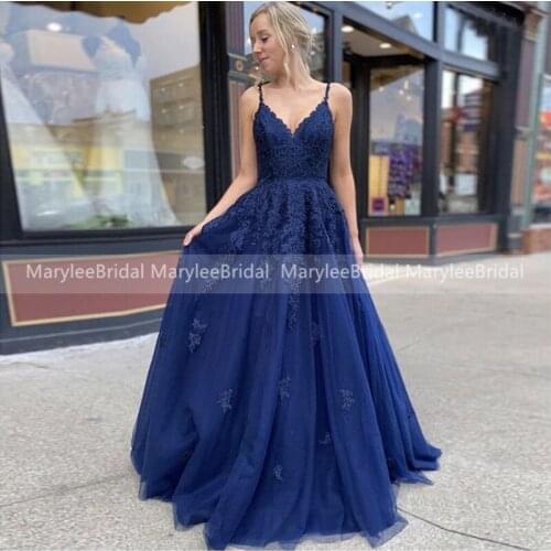 Navy Blue Senior Prom Dresses Long Spaghetti Straps Appliques Princess Girls Formal Robe Prom Gown de fiesta Lace Up Back