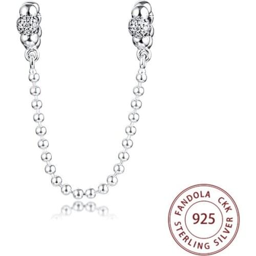 Genuine 925 Sterling Silver Beads & Pave Safety Chain Charms Metal Beads for Jewelry Making Fits Pandora Bracelet kralen