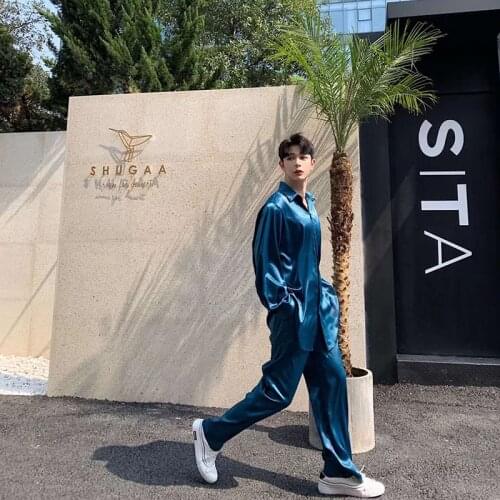 Men Summer Thin Satin Style Long Sleeve Loose Casual Blue Shirt Male Streetwear Hip Hop Party Dress Shirt Stage Show Costumes