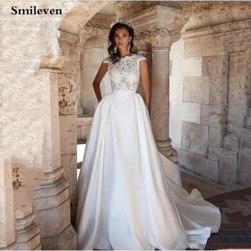 Smileven Boho Lace Princess Wedding Dresses Cap Sleeve A Line Satin Bride Dress Robe De Mariage Custom Made