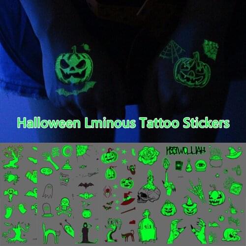 Skeleton Halloween Luminous Makeup Party Body Art Water Transfer Waterproof Temporary Tattoo Sticker For Women Men Fake Tattoos