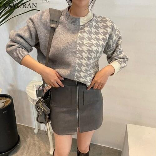 Houndstooth Patchwork Chic Pollover Sweater Autumn Winter Thicken Knitted Sweaters Fashion O-neck Loose Knitwear Top 2021 New