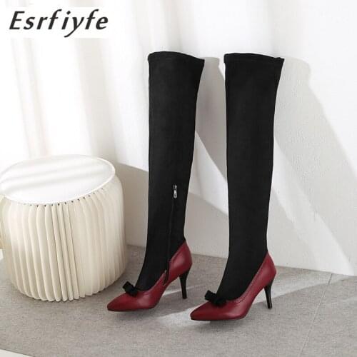 ESRFIYFE 2020 New Fashion Pu Leather +flock Stretch Fabric Sock Boots Pointy Toe Over-the-Knee Boots Thin High Heels Woman Boots