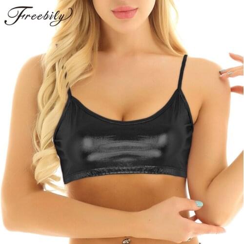 Women Shiny Metallic Spaghetti Straps Deep U Neck Camisole Sexy Crop Tops Adult Nightclub Party Festival Rave Pole Dance Costume