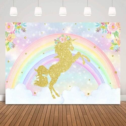 Golden Glitter Unicorn Backdrop Flowers Watercolor Rainbow Cloud Photography Newborn Kids Baby Birthday Portrait Photo Backgroun