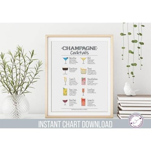 2021 Popular Embroidery Champagne Cocktails Cross Stitch Chart Instant PDF with 100% Cotton Floss & Free Shipping for Wall Decor