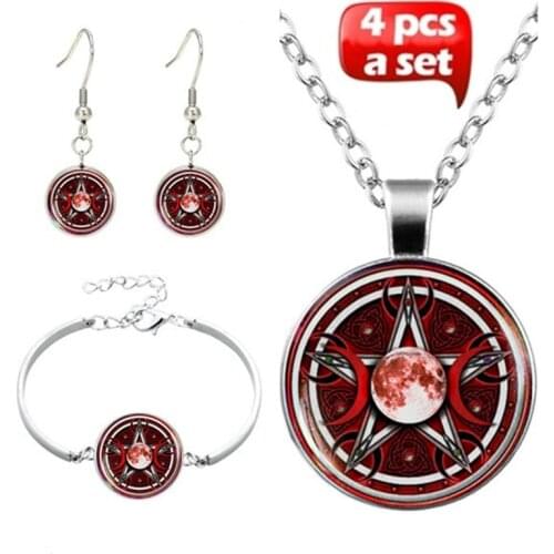 4Pcs/Set statement Penta Star Necklace Bracelet Earrings Glamour Red Triple Moon Goddess Pendant Wicca Pagan Jewelry Accessories