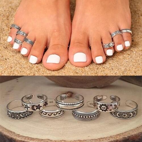7pcs Summer Beach Toe Knuckle Foot Rings Set Sandals Toe Rings for Women Girls Adjustable Retro Jewellery Wholesale Gifts