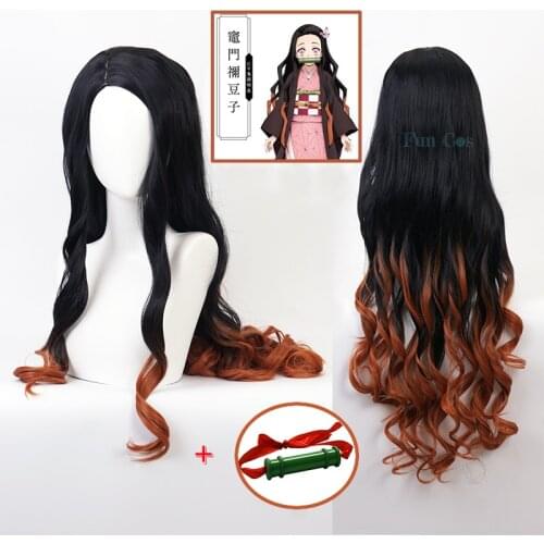 Anime Demon Slayer Kamado Nezuko Cosplay Long Wig Bamboo Tube Kimetsu No Yaiba Train Heat-resistant Fiber Hair + Wig Cap Props