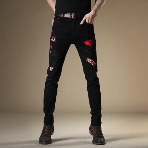 Free shipping New Fashion Mens Male Casual Black Embroidered Jeans Street Trend Rose Embroidery Hip Hop Denim Pants Trousers