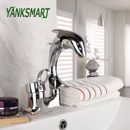 YANKSMART Chrome Finished Bathroom Faucet Dual Handle Chinese Dolphin Lavatory Sink Basin Mixer Taps Deck Mounted One Hole