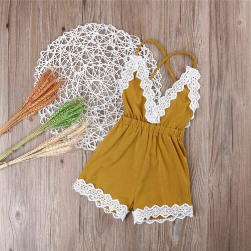 2019 Summer Baby Girls Halter Lace Sleeveless Yellow Romper Jumpsuit One-pieces Sunsuit Clothes 0-24M Baby Clothing