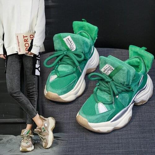 Hot Womens Thick-soled Vulcanized Shoes Autumn New Green Chunky Sneakers Woman Made Suede Thick-soled Casual Shoesty76