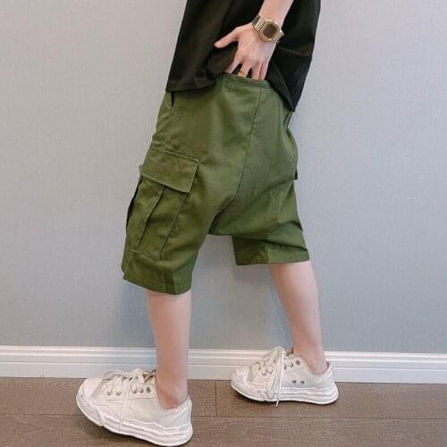 Mens Canvas Cotton Knee Length Casual Shorts Black Green Solid Color Cross-pants Loose C56