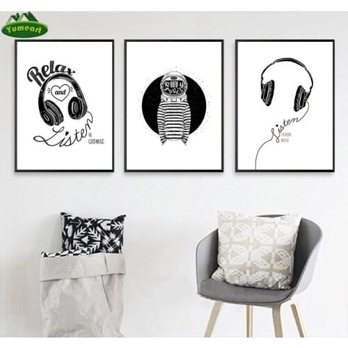 Yumeart Astronaut and Earphone Child Wall Art Print Canvas Painting Poster Black White Cartoon Wall Pictures Kids Room Decor
