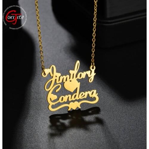 Goxijite Customized 2 Names Necklace Personalized Letter Name Heart Pendant Necklace Stainless Steel Jewellry Gift For Women