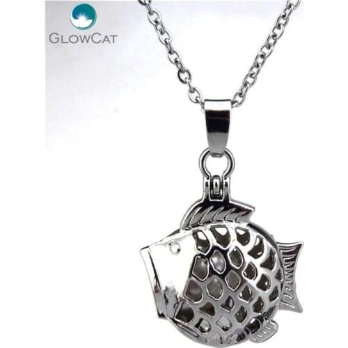 K126 Silver Magnetic Big Ocean Fish Pearl Cage Necklace Stainless Chain 18" Aroma Essential Oil Diffuser Locket