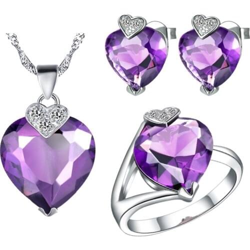 Earrings Ring Pendant Necklace Zirconia Fabulous 925 Sterling Women Four Piece Jewelry Set Purple gem