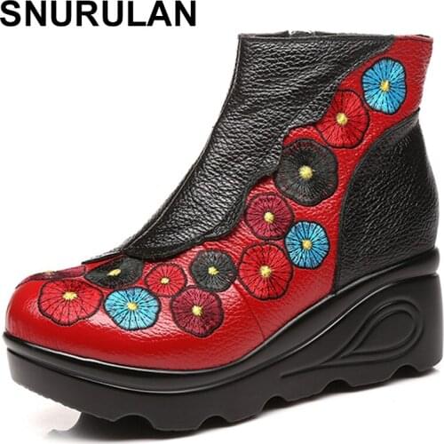 SNURULAN 2017 Autumn Winter Women High Heel Genuine Leather Boots Handmade Vintage Ankle Boots Flower Mother Shoes Zapatos Mujer