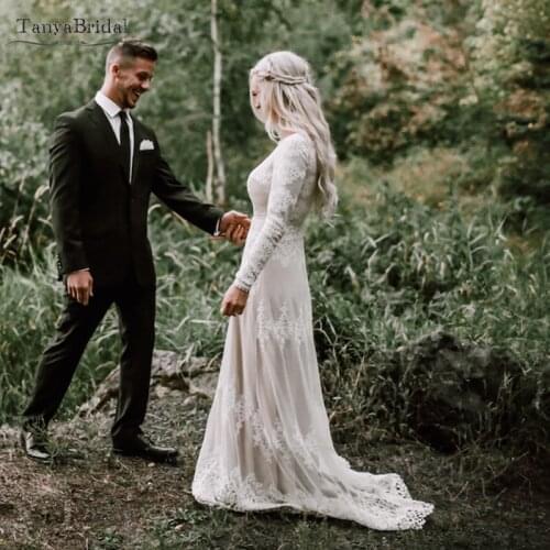 Vintage Timeless Bohemian Wedding Dresses Long Sleeve Embroidery Lace Noivas Stretch Charmeuse Nude Lining Bridal Gown DW002