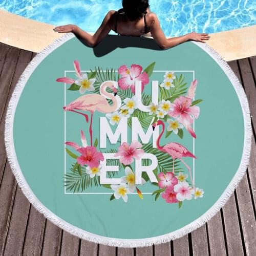 WHQ 150*150cm Flamingos Flowers Print Round Beach Towel Microfiber SHOWER BATH TOWELS Summer Swimming Shawl Yoga Mat Tassel