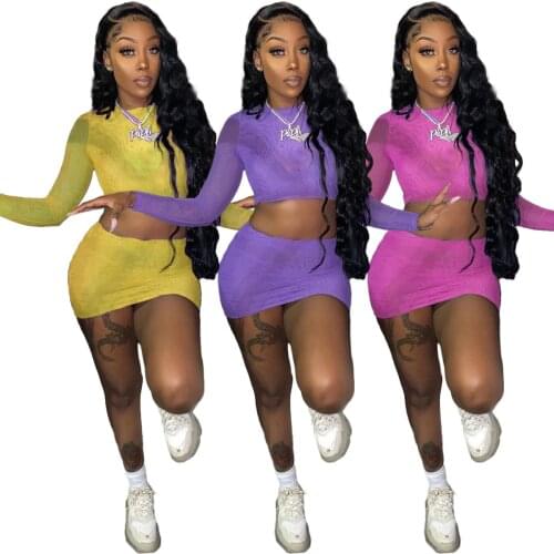 Casual Solid Sheer Mesh Skirts Two Piece Set Women Sexy See Through Long Sleeve Crop Top + Mini Skirts Club Outfits Matching Set